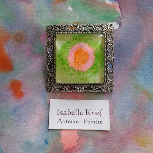 Fait mains en france,broche carré argente,aquarelle ooak,fleur rose orange vert,fermoir epingle,cadeau fete,art deco bobo boho,gothique