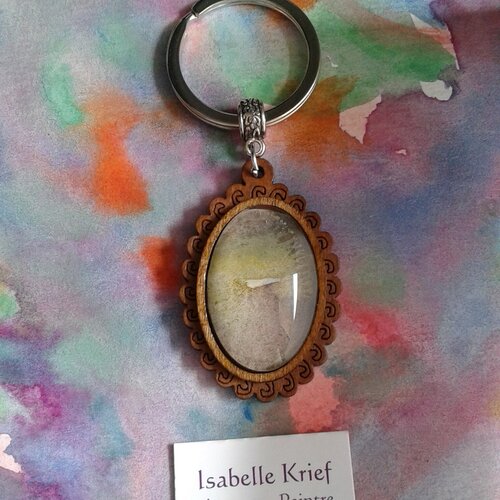 Porte cle en bois fleuri avec cabochon oval aquarelle ooak peint par artiste,rouge marron vert jaune,cadeau fete noel