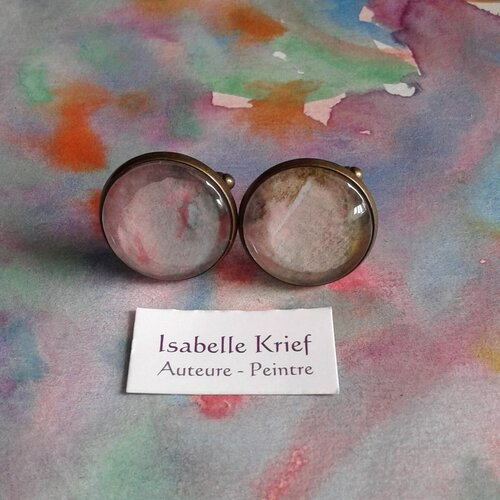Aquarelle originale ,boutons de manchette,ronds 25mm,rouge marron vert bleu,laiton bronze,bobo boho gothique