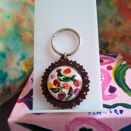 Verre peint,porte cle fleur en bois avec cabochon rond,violet rouge vert blanc,cadeau fete noel anniversaire,accessoire cle sac