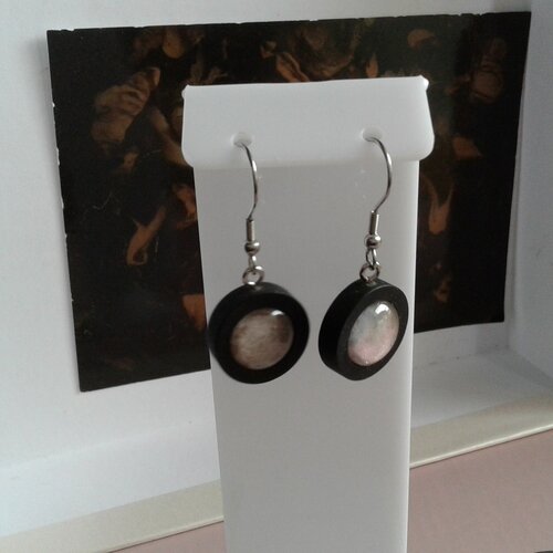 Boucles oreilles en bois avec cabochons en verre rond,aquarelle originale,art abstrait rouge marron noir,crochets acier 316l,fait en france