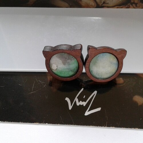 Aquarelle originale,artiste peintre française,clous oreilles chat,bois acier,poussoir,vert gris blanc marron,bobo boho gothique