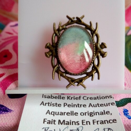 Aquarelle ooak peint par artiste francaise,broche ovale laiton bronze branches epines entrelacees gothique fantastique mystique,epingle