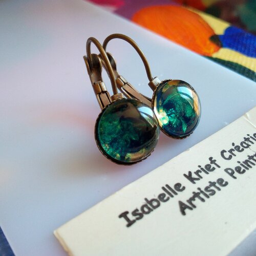 Peint artiste francaise,dormeuses rondes bronze 10mm,bleu turquoise or,bijou femme,boho bobo gothique,fait mains en france,cadeau fete