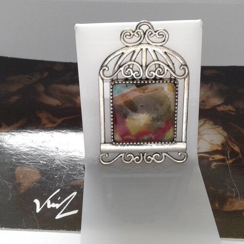 Aquarelle art contemporain,broche cage arabesques avec cabochon verre carré,boho bobo art nouveau,cadeau fete anniversaire noel