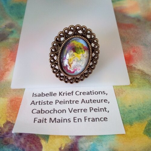 Bague ovale fleur rouge jaune bleu blanc,rose vert,art nouveau boho,gothique bobo,fait en france