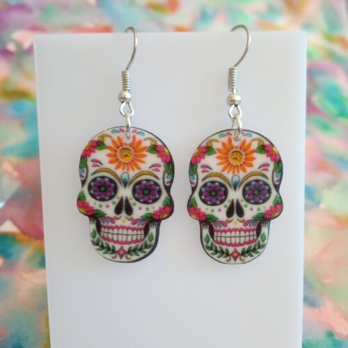 Boucles oreilles pendantes plastique acrylique laser cut sugar skull crane mexicain fleuri,avec crochets en acier inoxydable