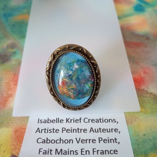 Peint artiste française,bague bronze ajustable avec cabochon oval verre,bleu rouge,fait mains en france,cadeau fete
