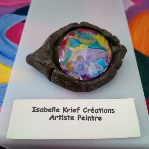 Broche oeil en ceramique peint par artiste francaise,avec cabochon rond en verre,fermoir epingle,cadeau fete anniversaire noel,bijou d art