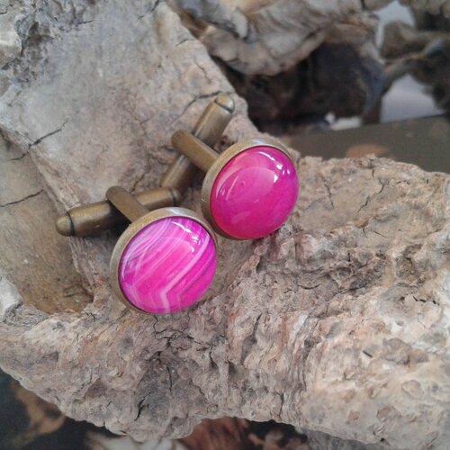 Agate rayée rose,pierre semi precieuse,bouton manchette,anniversaire fete,cadeau homme bobo boho,accessoire costume cravate