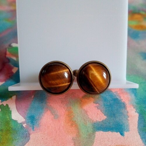 Bouton manchette oeil tigre quartz pierre  ,cabochons ronds,accessoire costume ceremonie,cadeau fete anniversaire noel,laiton