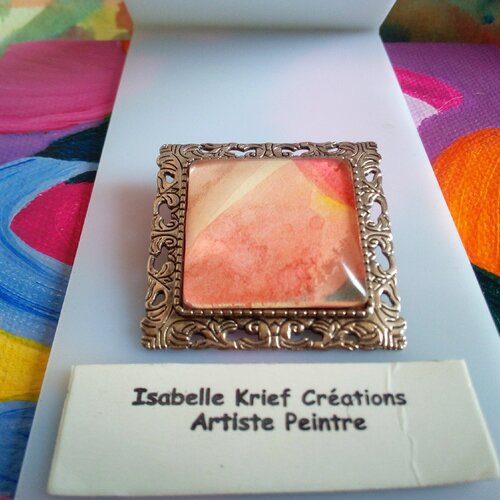 Broche argente fleuri art nouveau avec cabochon carre aquarelle peint artiste française,cadeau fete anniversaire noel,fermoir epingle,boho