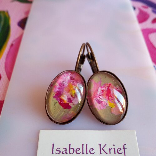 Boucles oreilles dormeuses ovales laiton bronze,bijou peint par artiste,rouge blanc rose jaune marron,fleuri art nouveau fantastique