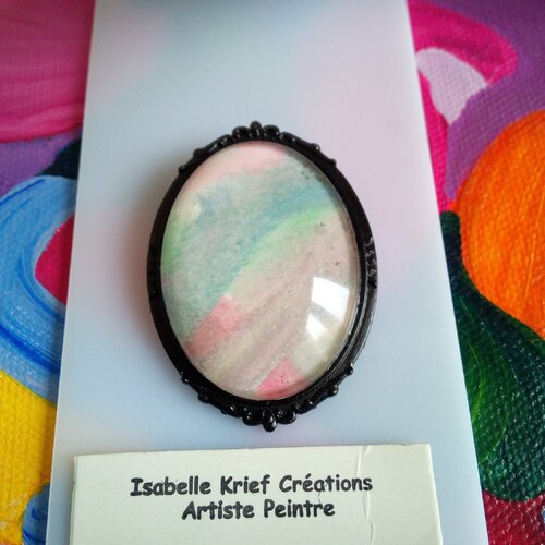 Broche ovale laiton noir feuillage fleuri avec cabochon aquarelle et fermoir epingle,cadeau fete anniversaire noel,fait mains en france