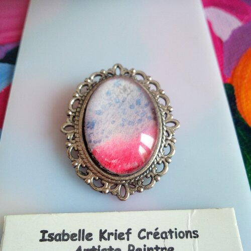 Broche laiton argente avec cabochon aquarelle ovale peint par artiste,fleuri lys,fait mains en france,cadeau fete anniversaire noel,boho