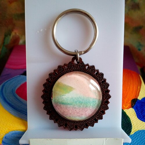 Porte cle en bois rond avec cabochon aquarelle bleu vert rose violet marron,fermoir anneau ,cadeau fete anniversaire noel