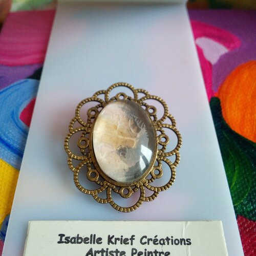 Broche laiton bronze fleur filigrane avec cabochon aquarelle ovale peint fait mains en france,cadeau fete anniversaire noel,fermoir epingle