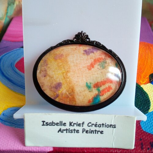 Broche ovale laiton noir coquillage fleuri avec cabochon aquarelle et fermoir epingle,cadeau fete anniversaire noel,fait mains en france,