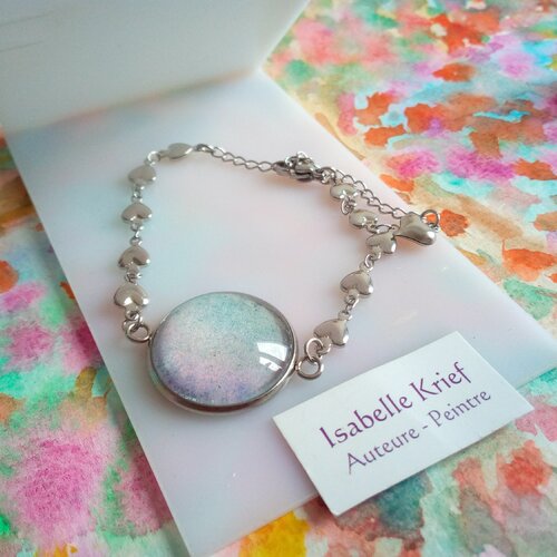 Bracelet acier inoxydable coeurs argent avec cabochon en verre,aquarelle originale,fait mains en france,cadeau fete anniversaire noel