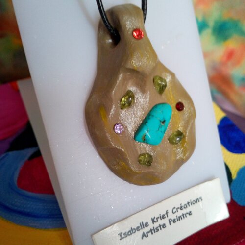 Fait mains par artiste,pendentif goutte ceramique avec peridot et turquoise pierres precieuses et cristal swarovski,cadeau fete anniversaire