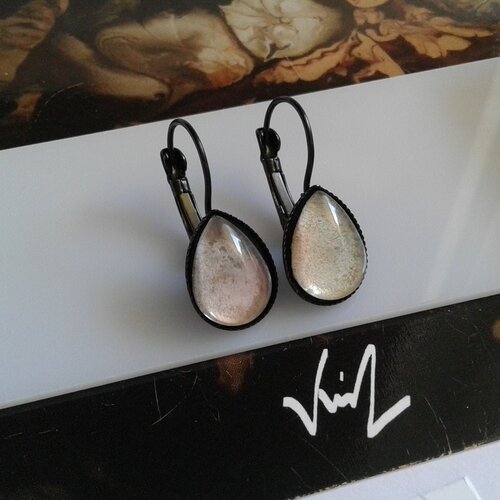 Peint artiste française,dormeuses aquarelle vert marron,laiton noir,cabochon goutte 10x14mm,gothique victorien,bobo boho,fait en france