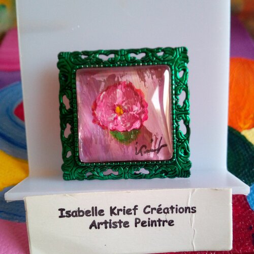 Broche carre avec mini tableau peint signe artiste fleuri feuillage art nouveau,fermoir epingle,cadeau fete anniversaire noel,fait en france