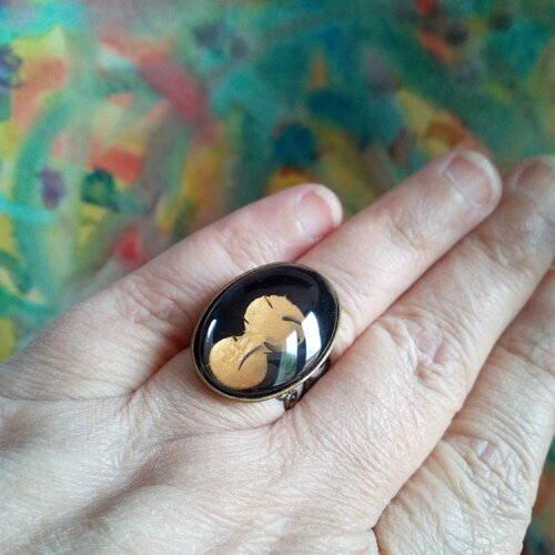 Bague laiton bronze avec cabochon oval verre peint par artiste,fait mains en france,cadeau fete anniversaire noel,fleuri lys royal victorien