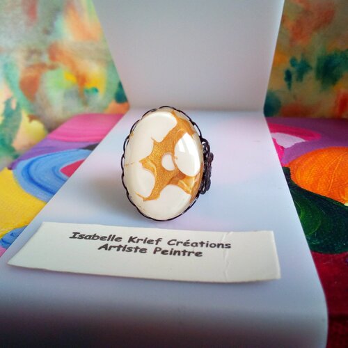 Bague laiton noir avec cabochon oval verre peint par artiste,fait mains en france,cadeau fete anniversaire noel,fleuri lys royal,