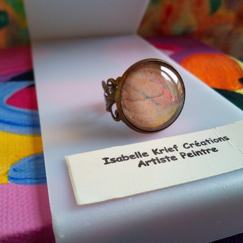 Peint artiste française,bague bronze ajustable,filigrane fleur lys,cabochon rond,aquarelle rose bleu jaune beige,boho bobo gothique baroque