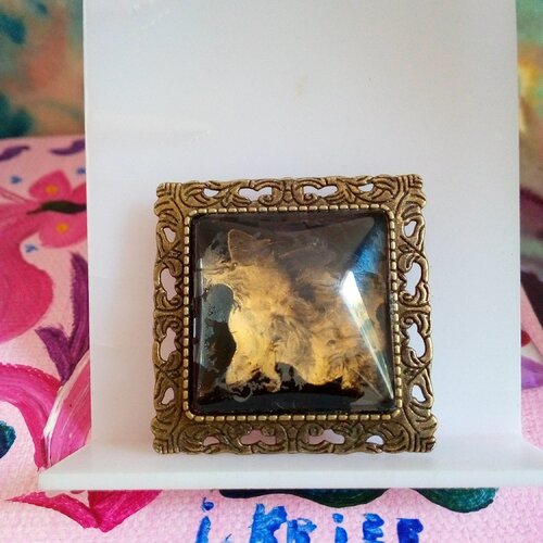 Verre peint par artiste,broche carre fleuri laiton bronze avec cabochon noir et or,cadeau fete anniversaire noel