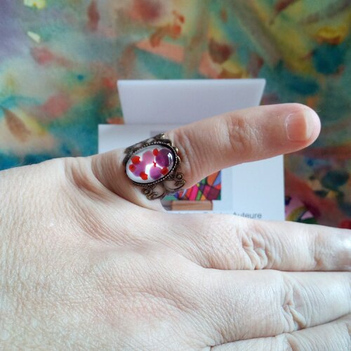 Bague laiton filigrane fleuri avec cabochon oval en verre,peint pop art colore,cadeau fete anniversaire noel