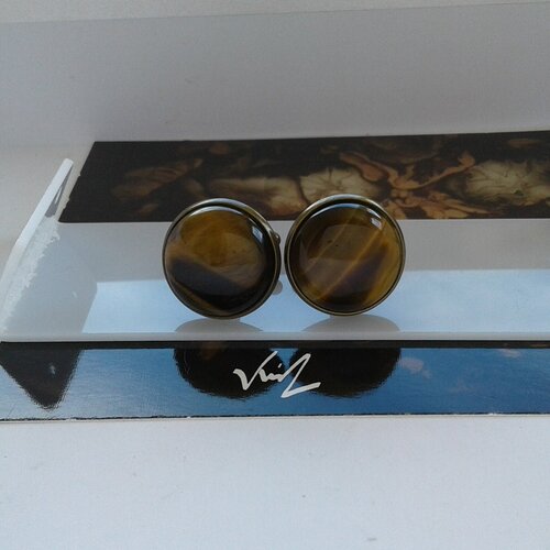 Bouton manchette oeil de tigre,pierre precieuse marron,cabochons ronds 20mm,accessoire costume cravate,cadeau fete anniversaire noel,laiton