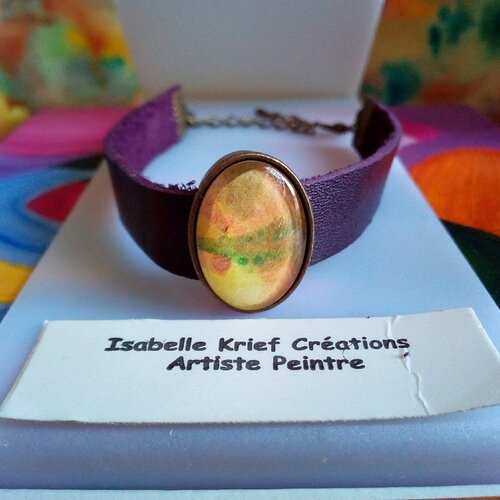 Bracelet manchette cuir violet,avec cabochon oval en verre,aquarelle original,bijou d art unique,fait mains en france