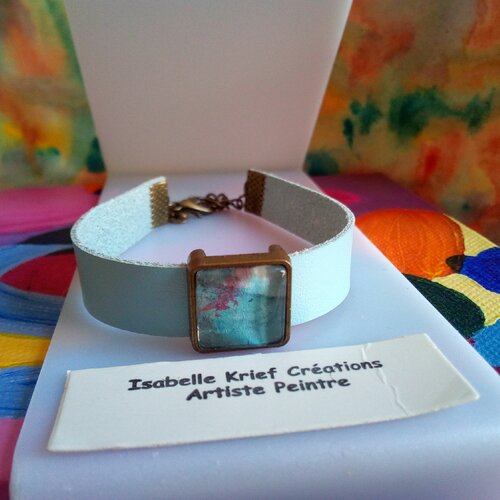 Bracelet manchette cuir bleu,avec cabochon aquarelle carré verre loupe,fait mains en france,cadeau fete anniversaire noel,