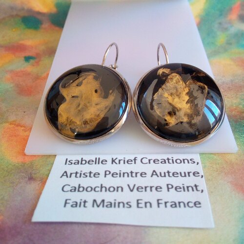 Peinture sur verre , boucles oreilles dormeuses argente avec cabochons ronds, noir et or,cadeau fete anniversaire noel