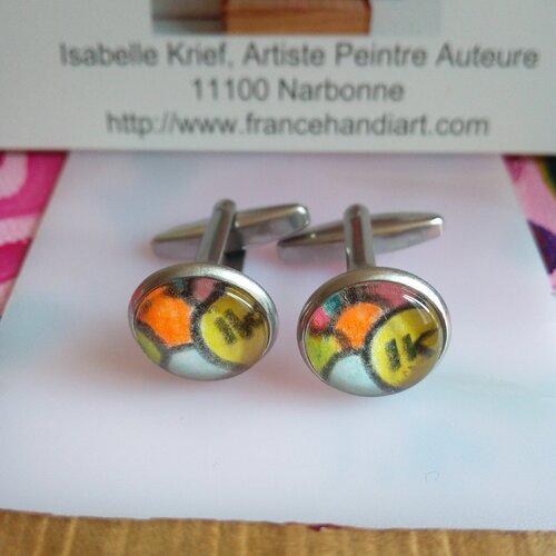 Boutons de manchettes ronds en acier inoxydable avec aquarelle originale bleu rose vert orange jaune rouge,fete noe