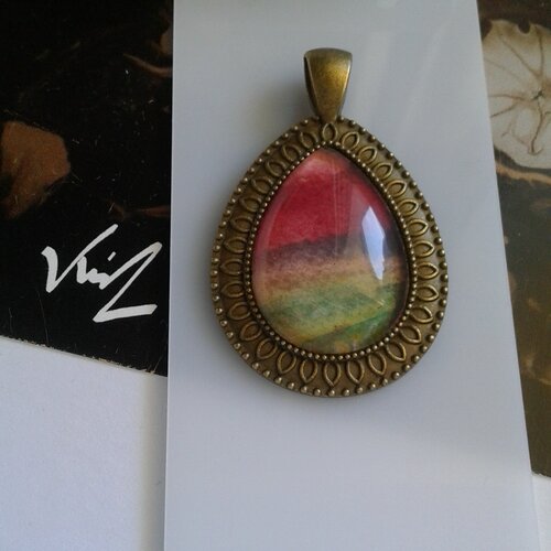 Peint artiste française,pendentif fleuri bronze,goutte 18x25mm,aquarelle rouge marron vert jaune,ethnique gothique,bobo boho victorien