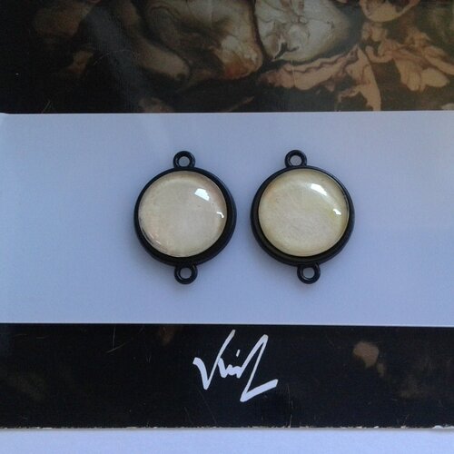 Lot, 2 pendentifs connecteurs noirs avec cabochons verre ronds ,aquarelle jaune orange,bobo boho,fait mains en france