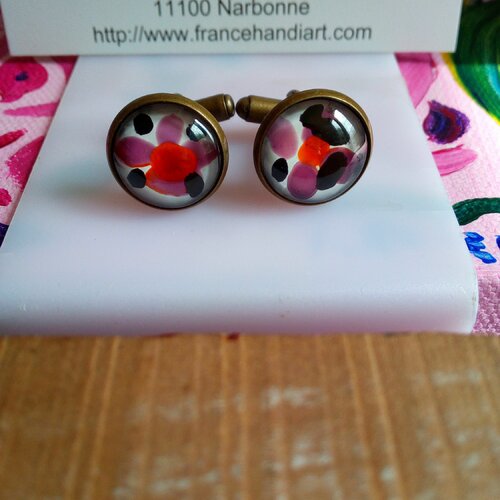Peint par artiste,boutons de manchettes laiton bronze avec cabochon en verre ronds,fleuri rouge orange violet blanc