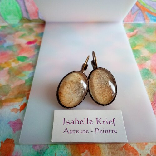 Boucles oreilles dormeuses laiton bronze avec cabochons ovales aquarelle ooak,peint par artiste,fait mains en france,boho bobo gothique,  aq