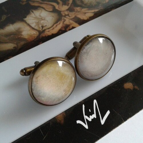 Boutons de manchettes,laiton avec cabochons en verre rond,aquarelle originale,accessoire costume ceremonie,cadeau homme