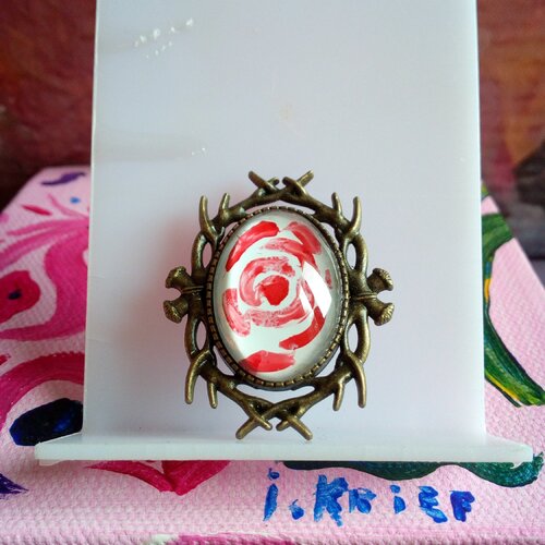 Peinture sur verre par artiste broche laiton bronze avec cabochon oval 18x25mm rouge sang blanc,branches entrelacees epines arbre
