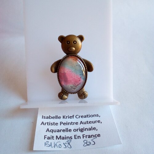 Broche ourson en laiton bronze avec cabochon aquarelle,fait mains en france,bleu rose orange vert arc en ciel boho