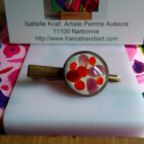 Verre peint,pince cravate en laiton avec cabochon rond violet orange blanc,cadeau fete anniversaire noel, ceremonie costume cravate