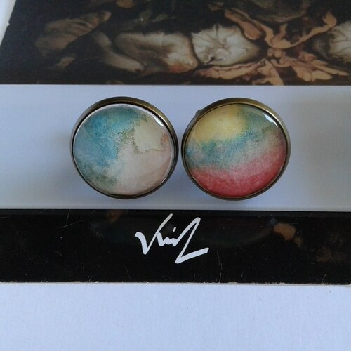 Boutons manchette laiton bronze avec cabochons ronds aquarelle