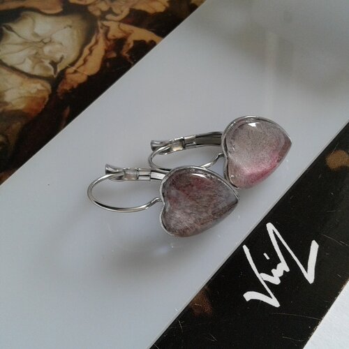 Peint artiste française,dormeuses argente rhodié,cabochons coeur,aquarelle vert violet,cadeau fete,fait en france