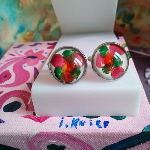 Peint artiste isabelle k,boutons de manchette acier avec cabochons ronds rouge rose orange vert,cadeau fete anniversaire noel,boho