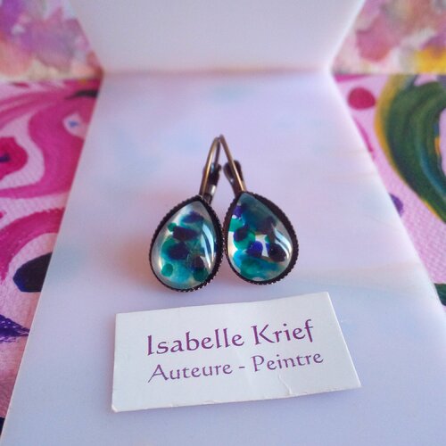 Boucles oreilles dormeuses laiton avec cabochons gouttes,verre peint ,cadeau fete anniversaire noel,fait en france