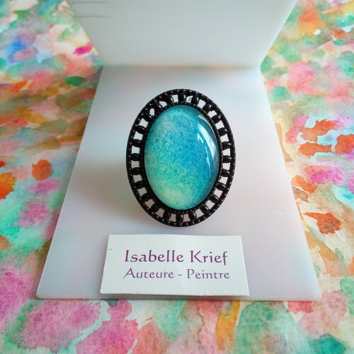 Bague laiton noir fleuri sertie d'un cabochon oval en verre avec aquarelle originale bleu vert,bijou de createur,fait mains en france