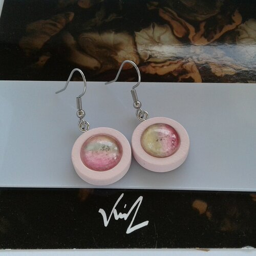 Peint artiste aquarelle originale,boucles oreilles bois acier,faits mains en france,rose vert jaune bleu,cadeau fete anniversaire,boho bobo